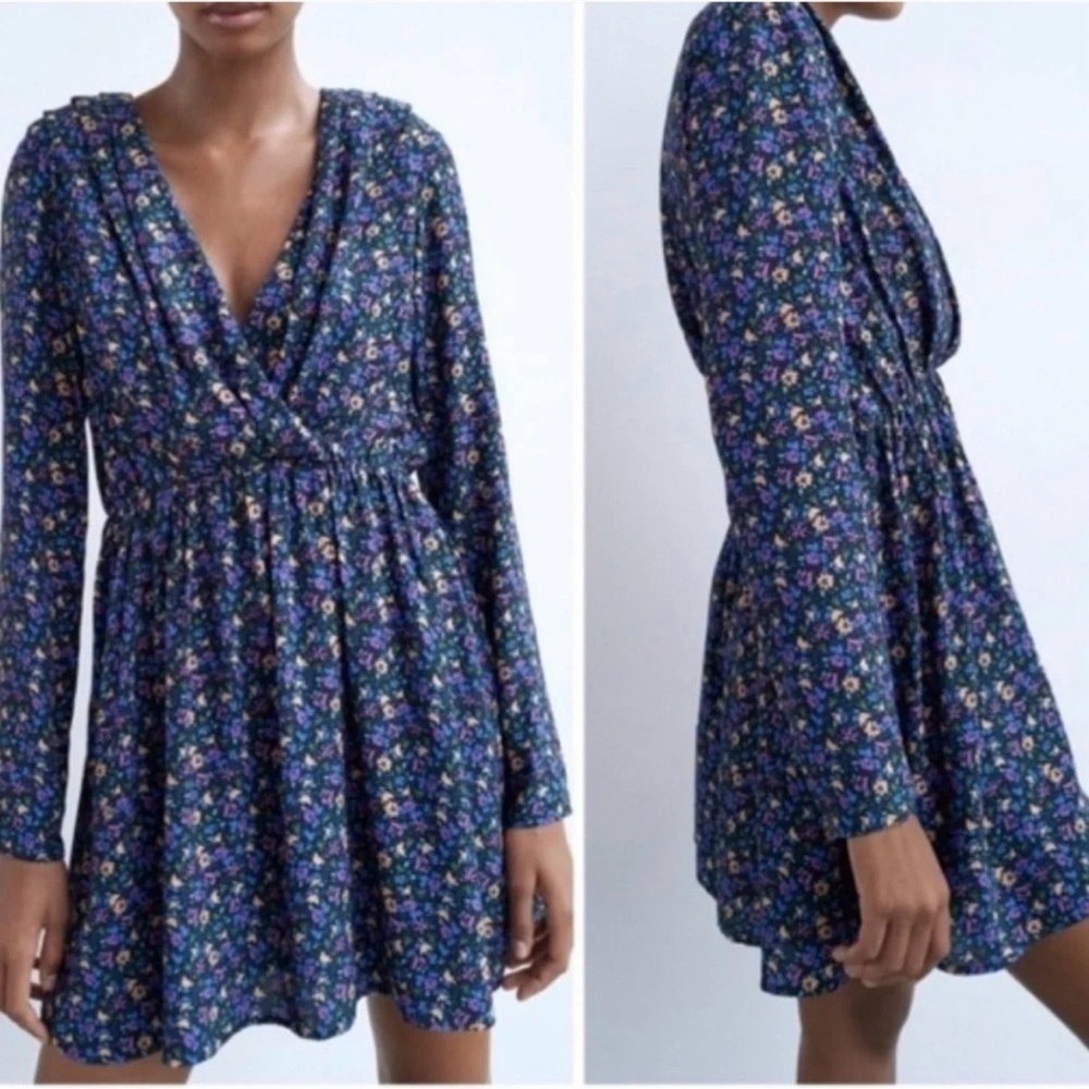 Zara Floral Long Sleeve V-Neck Mini Dress Women Sz S Shoulder Pads Feminine - Picture 2 of 11